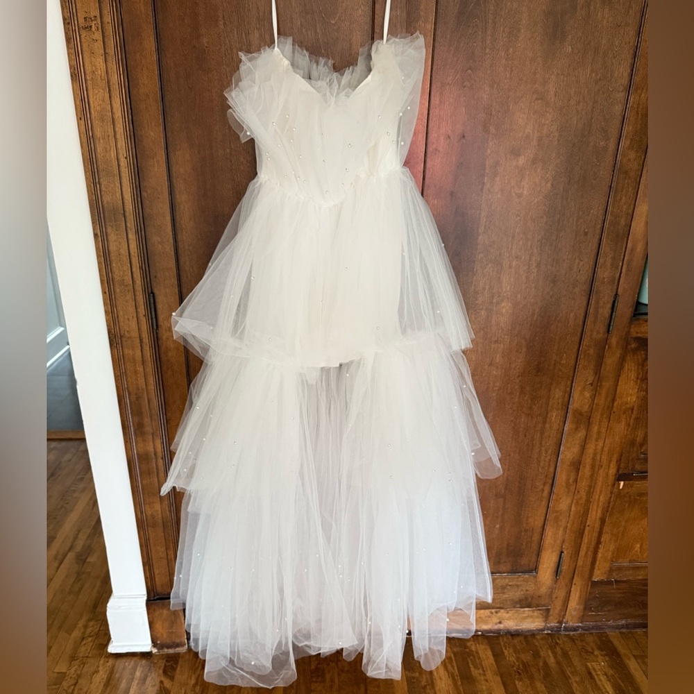 UNTAMED PETALS White High Low Dress. Pearl embellishment.